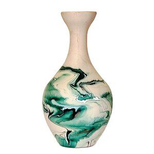 XL Mid Century Nemadji Ceramic Pottery Vase in Native Bisque Clay & Teal Green